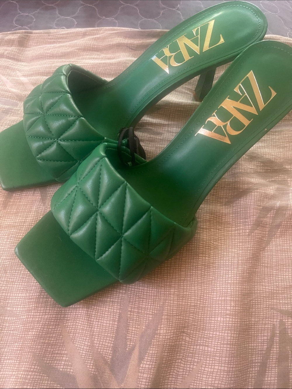 ZARA Green Quilted Square-Toe Slide Mules